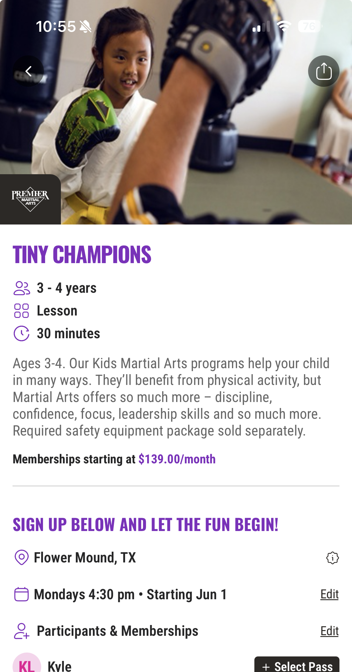 KidHub Booking screen showing Premier Martial Arts Tiny Champions class detail