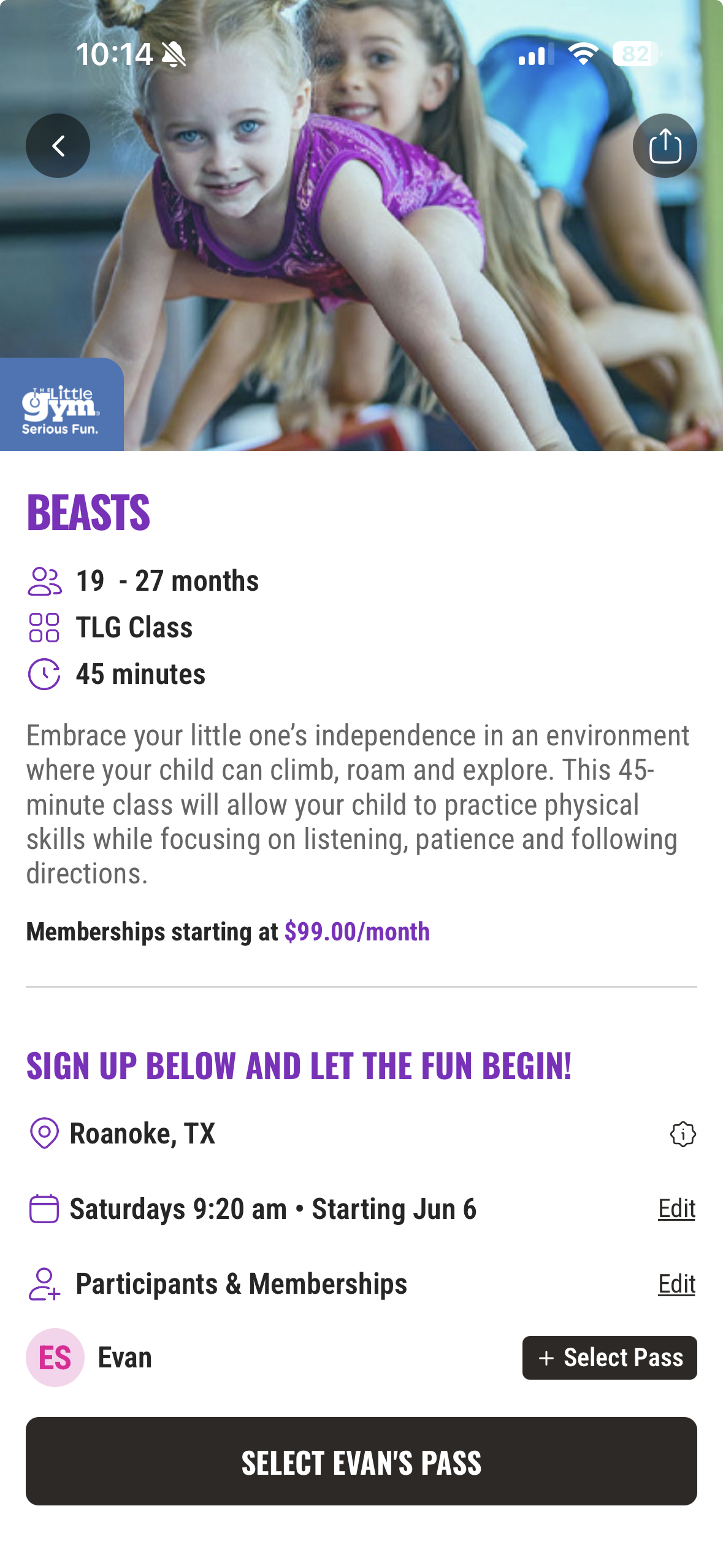 KidHub Booking screen showing The Little Gym BEASTS class detail