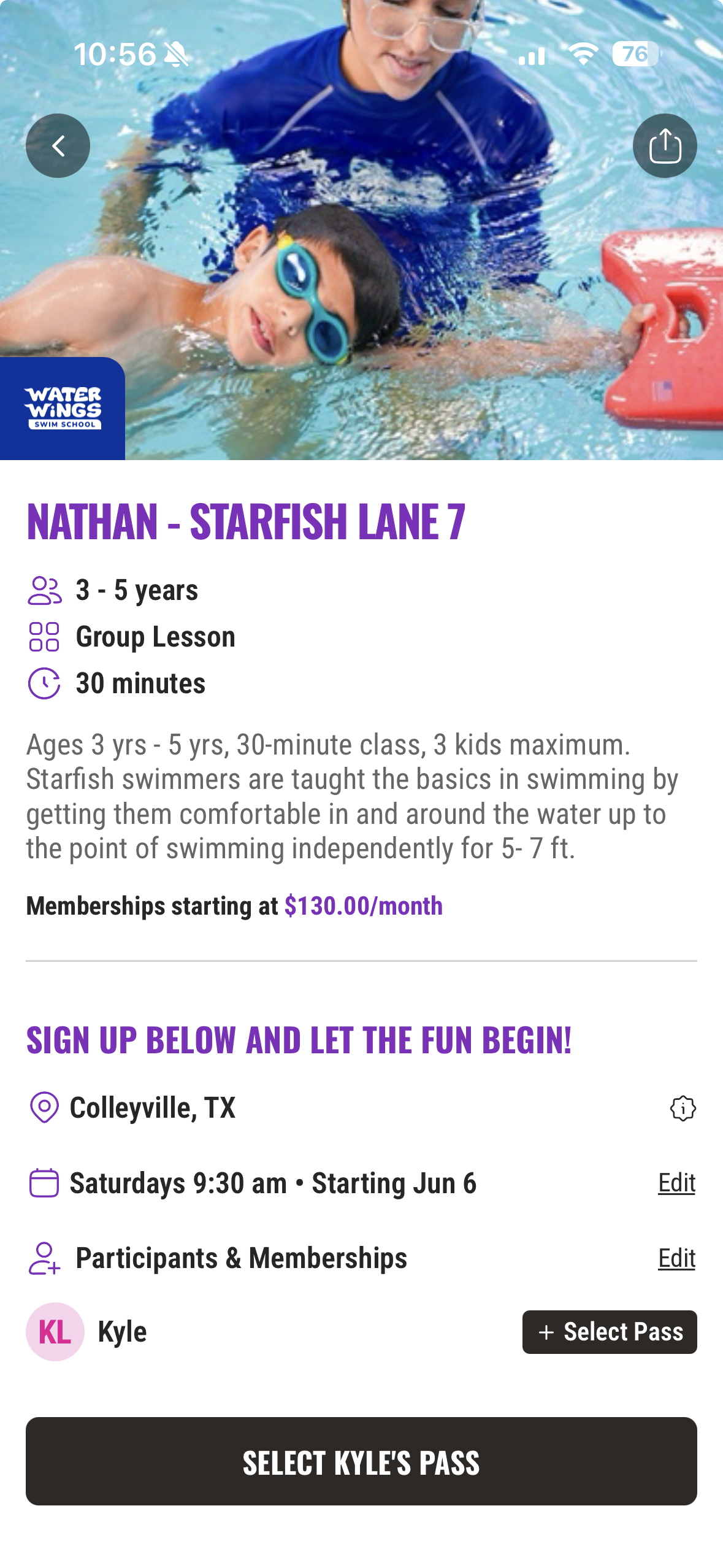 KidHub Booking screen showing Water Wings Starfish Lane class detail
