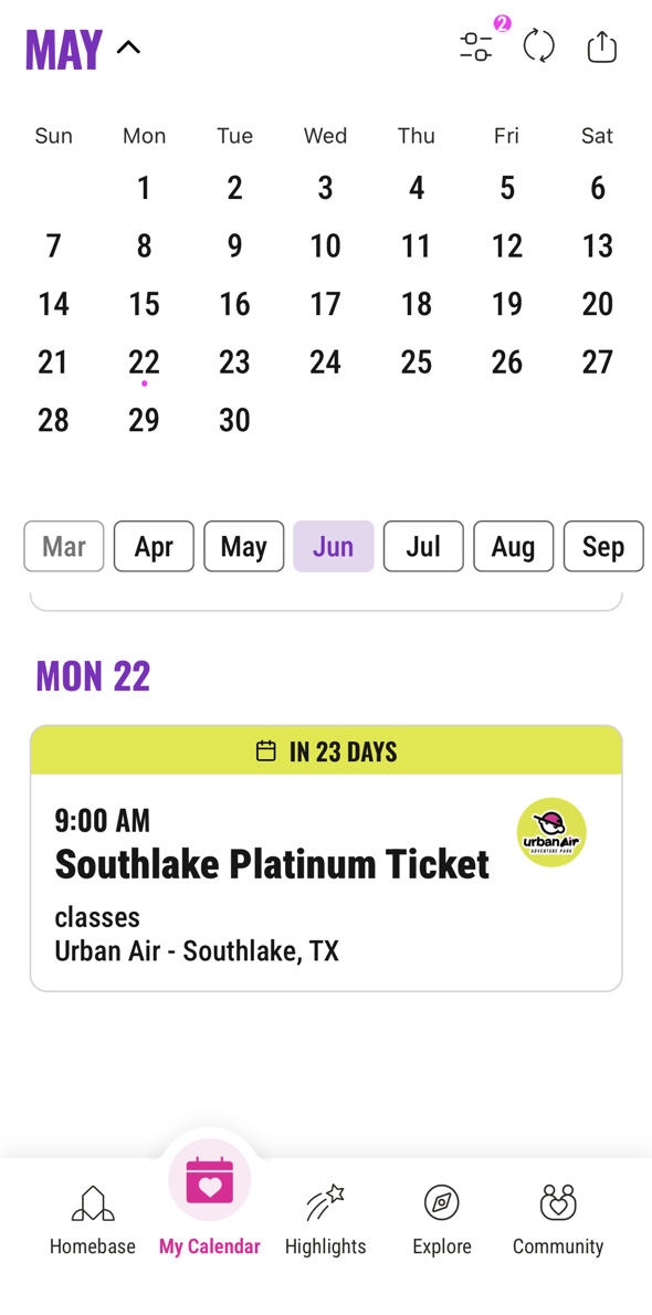 KidHub Calendar screen showing Urban Air Southlake Platinum Ticket on May 22