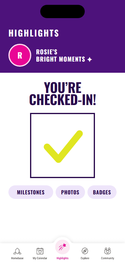 Water Wings KidHub check-in screen: you're checked-in