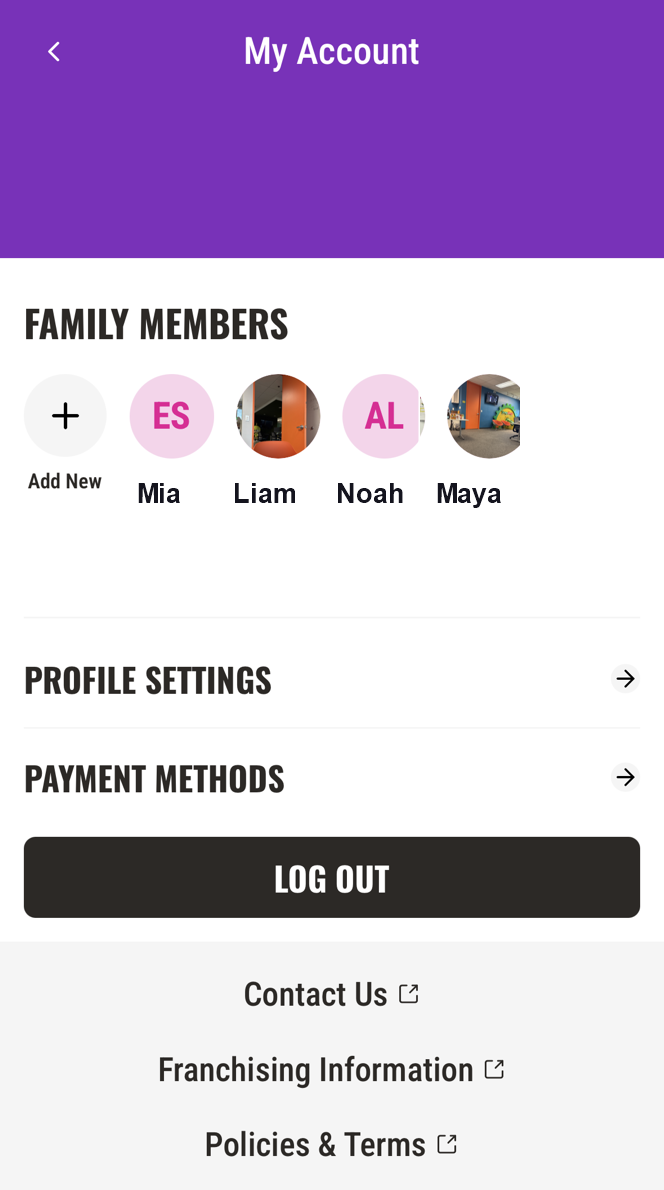 KidHub My Account screen showing family members