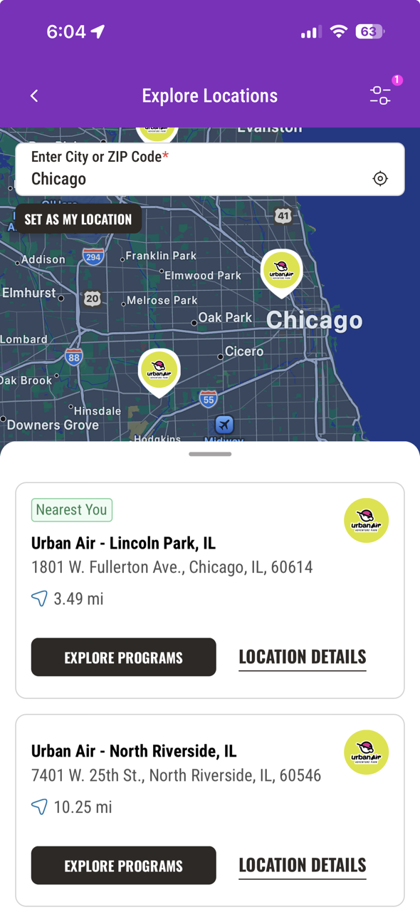 KidHub Explore Locations screen showing Chicago map and nearby Urban Air parks
