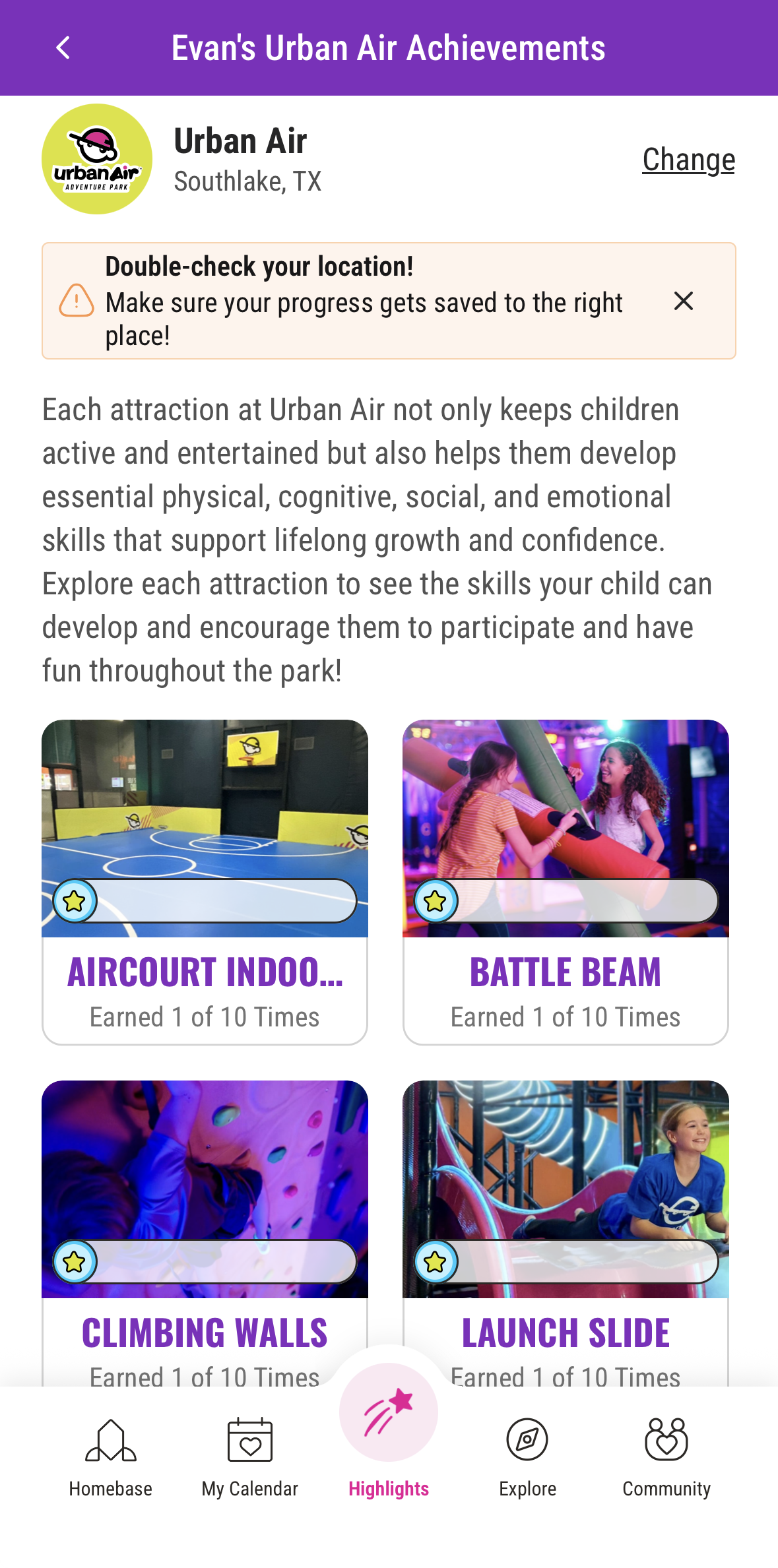 KidHub Urban Air Achievements screen showing 4 attraction badges