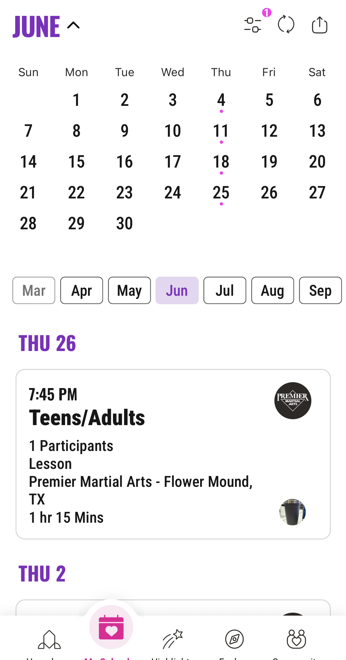 KidHub Calendar showing Premier Martial Arts class
