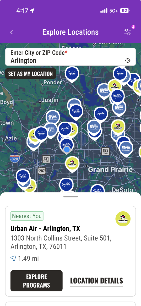 KidHub Explore Locations screen showing a map with nearby learning center pins