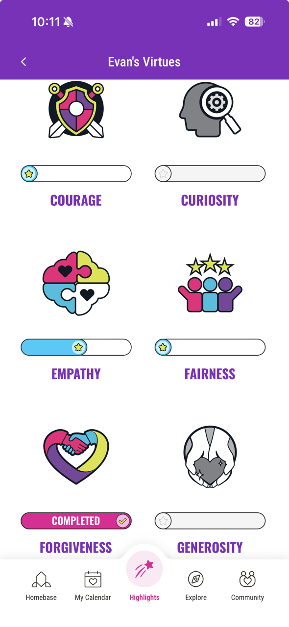 KidHub Virtues screen showing Evan's earned badges: Courage, Curiosity, Empathy, Fairness, Forgiveness, Generosity