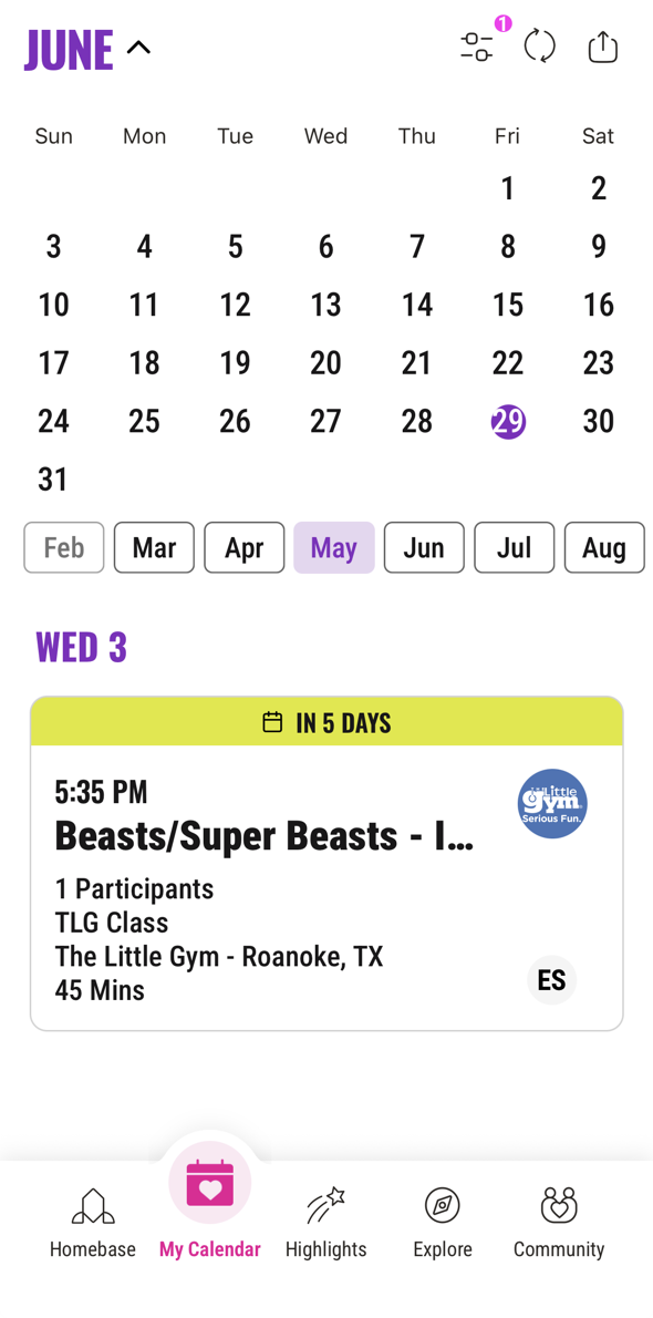 KidHub Calendar showing The Little Gym class