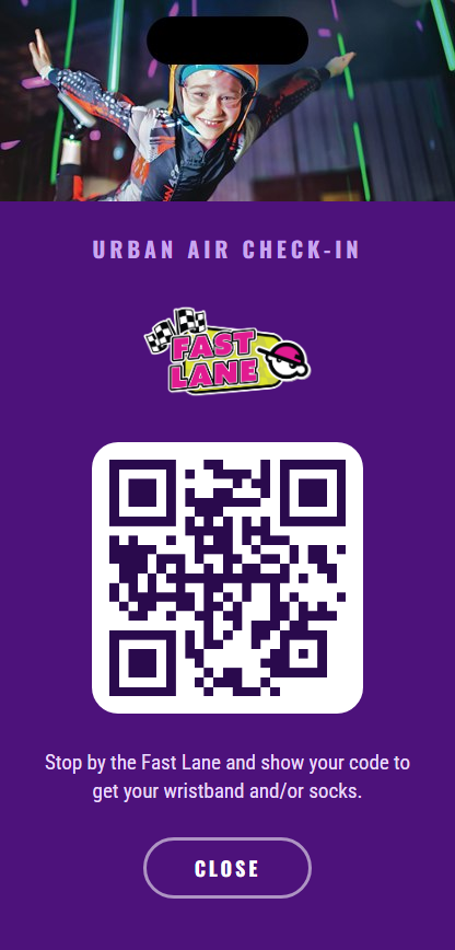 Urban Air Fast Lane check-in: scan your QR code at the Fast Lane to get your wristband and socks