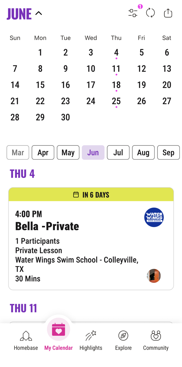 KidHub Calendar showing Water Wings lesson